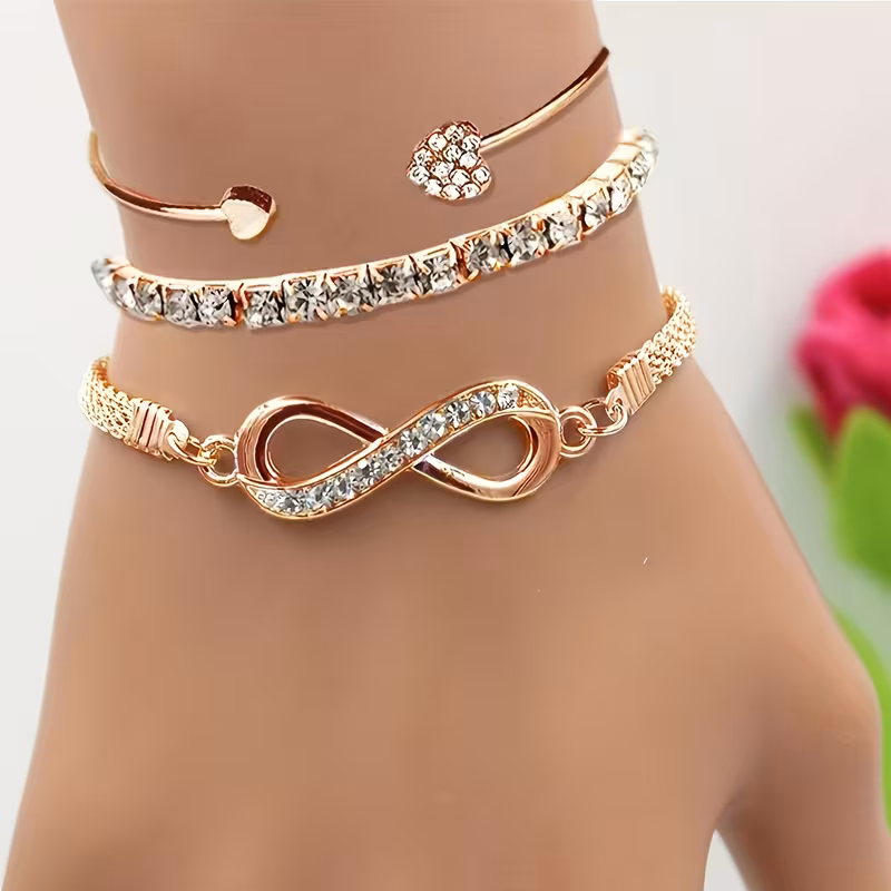 Set of 3 Women's Bracelets & Bangles — Wireless Symbols & Heart Designs with Rhinestones
